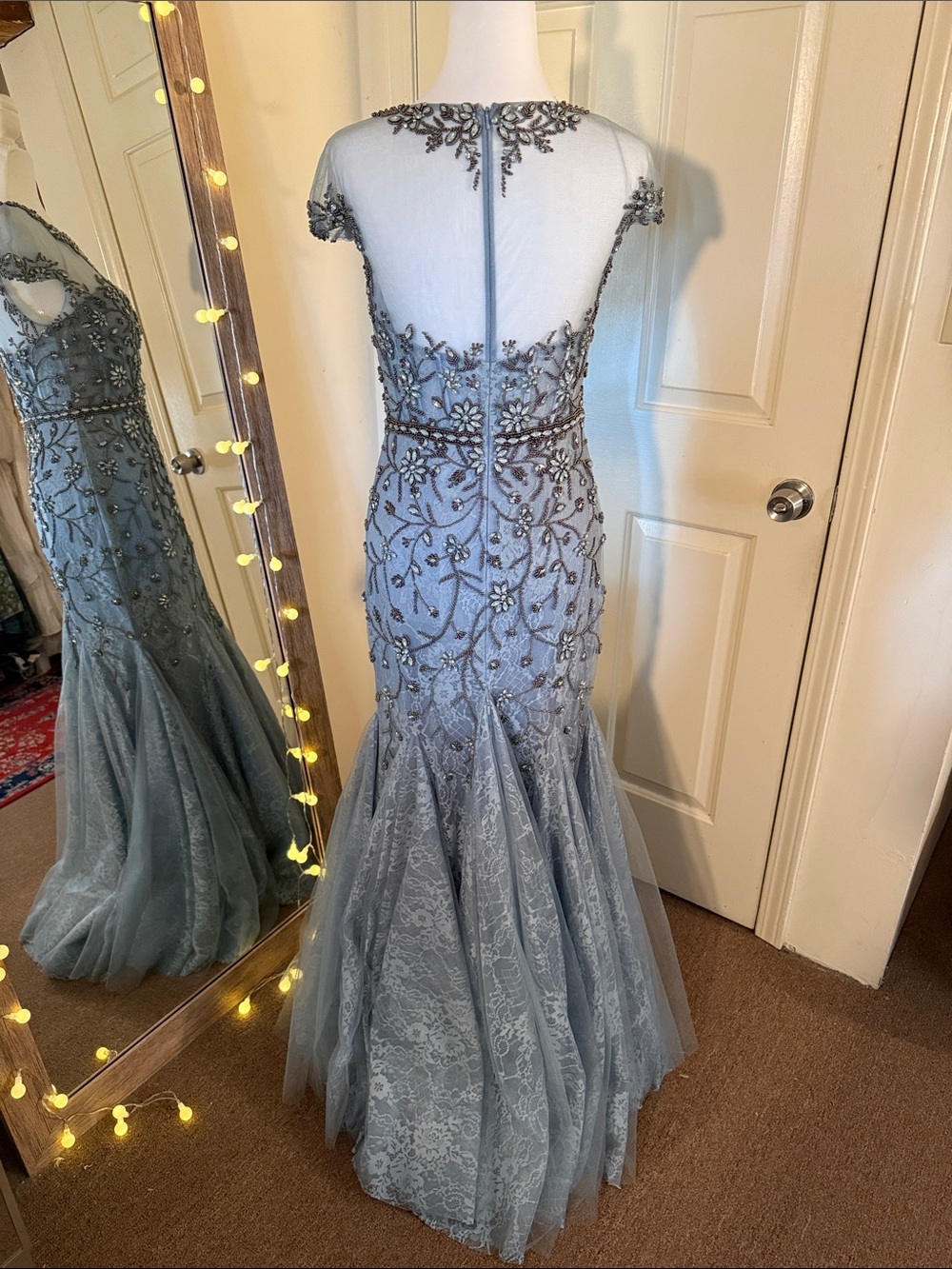 MAC DUGGAL Blue Embellished Lace Evening Gown with Illusion Neckline - Picture 9 of 14